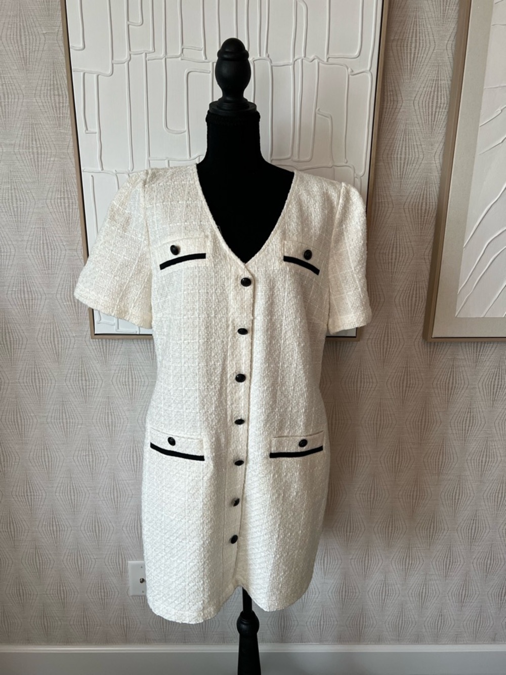 White Textured Shift Dress with Black Trim